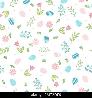 Easter seamless pattern with tulips, branch, eggs, leaves and flowers. Ideal for wallpaper, gift paper, web page background, spring greeting cards Stock Vector