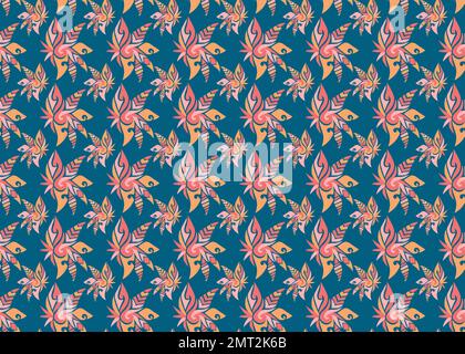 Seamless floral fabric pattern design with blue background, blue flower background pattern design Stock Photo
