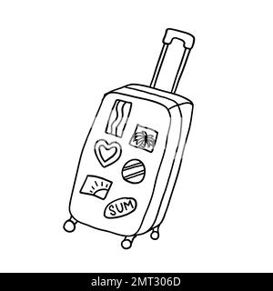 Pinks traveler's suitcase. Vector illustration in outline doodle style isolated on white background. Stock Vector