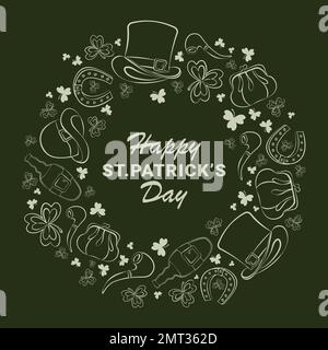 green greeting card with many traditional elements around text about st. patricks day Stock Vector