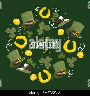 st patricks day square banner horseshoe leprechaun hat green boots Stock Vector