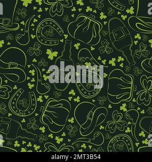 Decorative green patterns with traditional st. Patrick hand drawing dark background Stock Vector