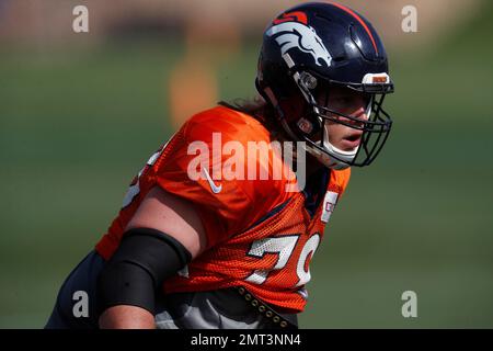 Denver Broncos offensive guard Dalton Risner (66) after taking part in  drills at an NFL football training camp at team headquarters Saturday, July  31, 2021, in Englewood, Colo. (AP Photo/David Zalubowski Stock