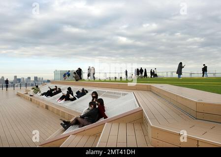 Tourist enjoying the views from the Shibuya Sky roof on top of the Scramble Square building in Shibuya, Tokyo, Japan. Stock Photo