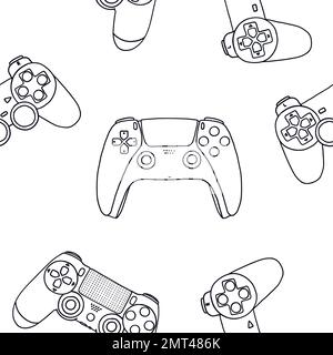 Seamless pattern of game controllers. Vector illustration in hand-drawn outline flat style on white background Stock Vector