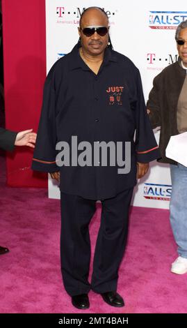 Musician Stevie Wonder poses for photographers on the pink carpet ahead of the 2011 NBA All-Star game held at the Staples Center. Los Angeles, CA. 02/20/11. Stock Photo