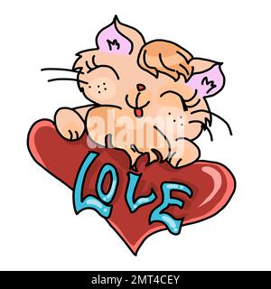 Cute kitten with a heart love in cartoon flat style isolated on white background Stock Vector
