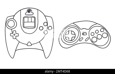 Hand-drawn game controllers set. Vector illustrations in outline doodle style. Icons on white background. Stock Vector