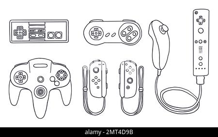 Hand-drawn game controllers set. Vector illustrations in outline doodle style. Icons on white background. Stock Vector