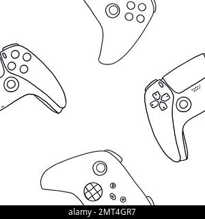 Seamless pattern of game controllers. Vector illustration in hand-drawn outline flat style on white background Stock Vector