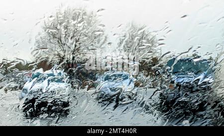 USA, Oregon, Bend, parking lot in rain Stock Photo