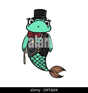 Intelligence Sir Fish in cylinder cartoon character. Vector illustration isolated on shite background Stock Vector