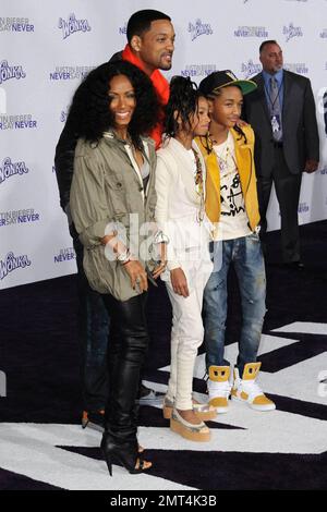 Will Smith, Jada Pinkett Smith, Willow Smith and Jaden Smith at the premiere of 'Justin Bieber: Never Say Never' at Nokia Theatre, LA Live. Los Angeles, CA. 2/8/11. Stock Photo