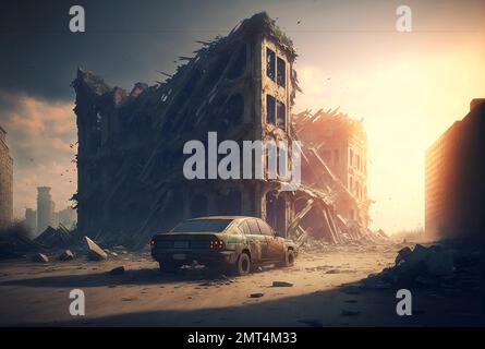 A post apocalyptic abandoned demolished city. The ruins of an abandoned city. Scenery of abandoned demolished buildings and car in apocalyptic city du Stock Photo