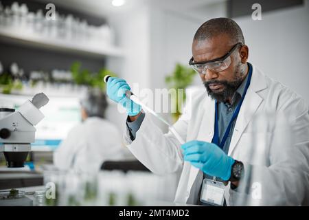 Man, thinking or pipette for test tubes in laboratory, medical science research or gmo food engineering. Worker, dropper or plant scientist and Stock Photo