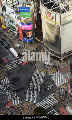 The iconic Shibuya crossing seen from the top of the Scramble Square building in Shibuya, Tokyo, Japan. Stock Photo