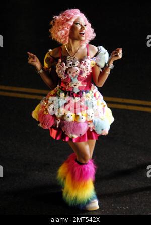 Wearing a pink wig, a stuffed animal-covered dress and rainbow-colored  fuzzy leg warmers, singer