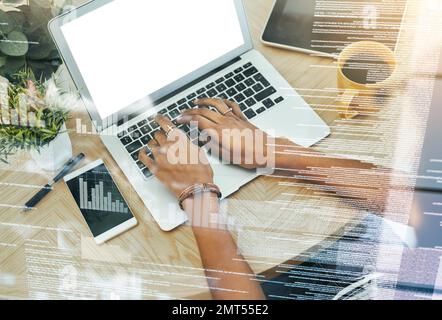 Coding, programming and digital cyber security by hands in the office typing on laptop working on backend of website. Glitch, hacker and person Stock Photo
