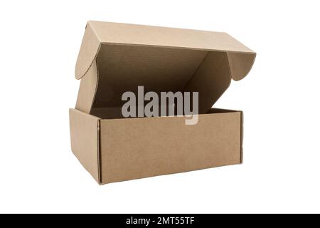 open rectangular small brown box for transporting goods isolated on a white background, top view Stock Photo