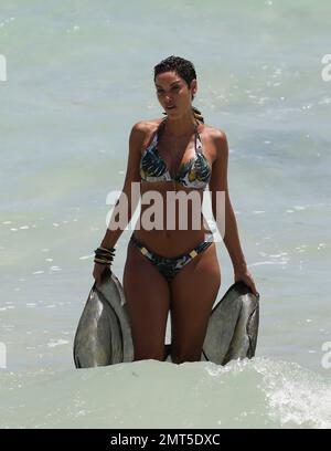 Nicole Murphy poses for pictures on Miami Beach. The normally svelte model shows quite a lot of rear cellulite, Miami Beach, FL, 14th May 2015. Stock Photo