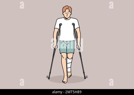 Unhappy young man with leg injury walking on crutches. Upset injured male with limb trauma suffer walking or standing. Healthcare and recovery. Vector illustration.  Stock Vector