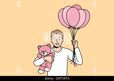 Smiling young man with air balloons and teddy bear in hands making surprise to loving girlfriend. Happy guy make present or gift to lover on birthday or anniversary. Vector illustration.  Stock Vector