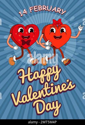 Vintage Groovy Happy Valentine Day poster, concept 70s Stock