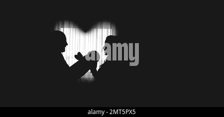 Silhouettes of happy parents, father and mother holding newborn baby by the window, heart shaped Stock Photo