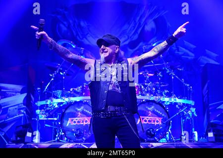 Zlin, Czech Republic. 31st Jan, 2023. German heavy metal band Accept performs on January 31, 2023, in Zlin, Czech Republic. On the photo is seen singer Mark Tornillo. Credit: Dalibor Gluck/CTK Photo/Alamy Live News Stock Photo