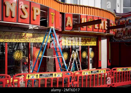 On the third anniversary of the UK leaving the European Union (EU), work is being carried out at an amusement arcade on Marine Parade at Southend-on-Sea, on 31st January 2023, in Southend, England. In the 2016 EU Referendum, 39,348 voters  in Southend-on-Sea voted to Remain (41.9%) and 54,522 (58.1%) to Leave. The UK officially left the EU on 31st January 2020. Stock Photo