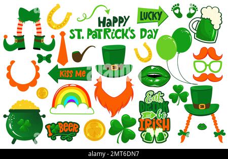 Happy Saint Patricks Day photo booth prop set. Premium vector lucky charm, shamrock, beard, leprechaun hat, rainbow, pot with gold. Irish party photo Stock Vector