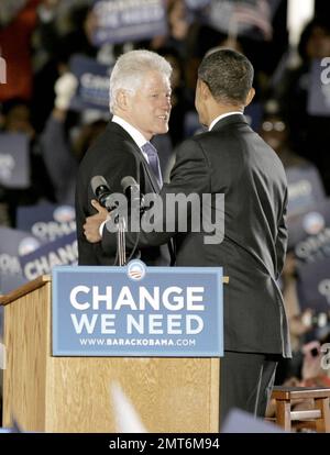 Barack Obama is supported by President Bill Clinton and actor Jimmy Smits at a last-minute campaign rally at the BankAtlantic Center as the November 4th election day creeps closer. The event is part of Obama's tour of Florida, one of the most important and highly-contested swing states in the election with 27 electoral votes up for grabs. After Labor Day, just before the US economic crisis emerged, John McCain had a lead in the state but recent polls show a tight race with Obama having 49 percent of the vote and McCain with 44 percent. The margin of error  is plus or minus 4 points, which effe Stock Photo