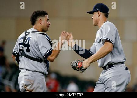 Minnesota Twins closer Jovani Moran, right, celebrates with teammate Gary  Sanchez (24) after their victory over the Toronto Blue Jays in a baseball  game in Toronto, Sunday, June 5, 2022. (Jon Blacker/The