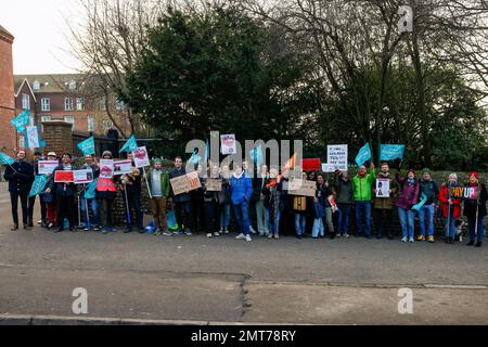 Cardinal Newman School, City of Brighton & Hove, East Sussex, UK. As part of the teachers NEU National Strike 2023 staff picket outside Brighton's largest school demanding better pay and conditions. The school is closed to most students apart from those requiring school meals who will be able to have these during lunchtime. 1st February 2023. David Smith/AlamyNews Stock Photo