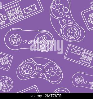 Seamless pattern of game controllers. Vector illustration in hand-drawn outline flat style on purple background Stock Vector