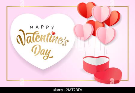 Happy Valentines day card with heart shaped gift box and paper hearts. Isolated realistic gift present and calligraphy Happy Valentine's Day. Vector Stock Vector
