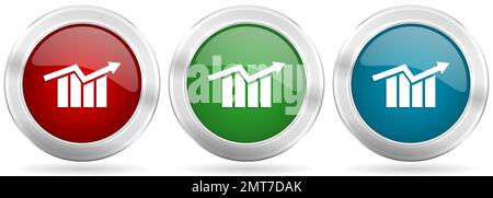 Graph, arrow, growth, business vector icon set. Red, blue and green silver metallic web buttons with chrome border Stock Vector
