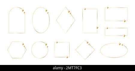 Aesthetic monoline golden frames for invitations, luxury design. Abstract geometric thin line trendy borders Stock Vector