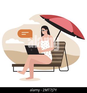 Freelancer working on vacation. Illustration for website, landing page, mobile app, poster and banner. Trendy flat vector illustration Stock Vector