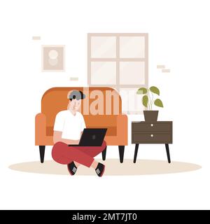 Flat design of man freelancer working from home. Illustration for websites, landing pages, mobile apps, posters and banners. Trendy flat vector illust Stock Vector