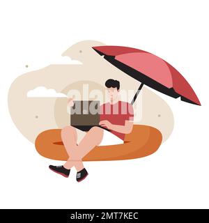 Man working on vacation. Illustration for website, landing page, mobile app, poster and banner. Trendy flat vector illustration Stock Vector