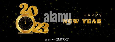A panoramic digital illustration of a golden watch-like 2023 banner on a black background Stock Photo