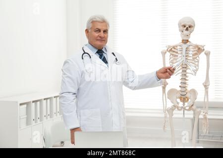 Senior orthopedist with human skeleton model in clinic Stock Photo