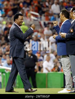 MLB Hall of Fame player Roberto Alomar of Puerto Rico, participates in a  pre-game ceremony at the MLB baseball All-Star Game, Tuesday, July 11,  2017, in Miami. (AP Photo/Lynne Sladky Stock Photo 