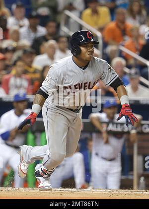 American League's José Ramírez, of the Cleveland Guardians, celebrates a  base hit during the MLB All-Star baseball game against the National League  in Seattle, Tuesday, July 11, 2023. (AP Photo/Lindsey Wasson Stock