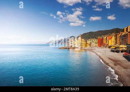 Camogli beach and the old church on the sea. Liguria region, Italy Stock Photo