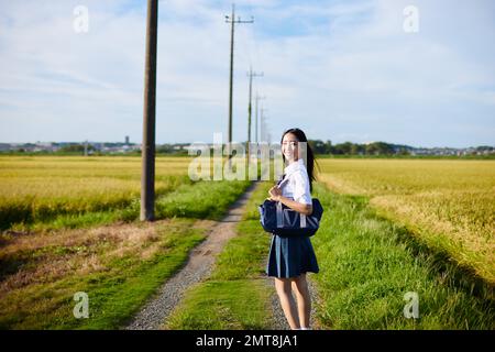 Japanese high school student portrait outdoors Stock Photo