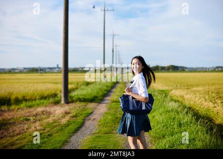 Japanese high school student portrait outdoors Stock Photo