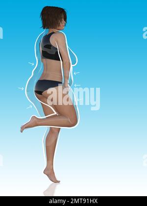 Conceptual fat overweight obese female vs slim fit healthy body after weight loss or diet with white outline and pointing arrows on blue. Stock Photo