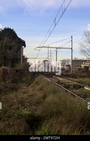 Abandoned  building covered by ivy by the edge of a railroad track on a cloudy day in the italian countryside Stock Photo